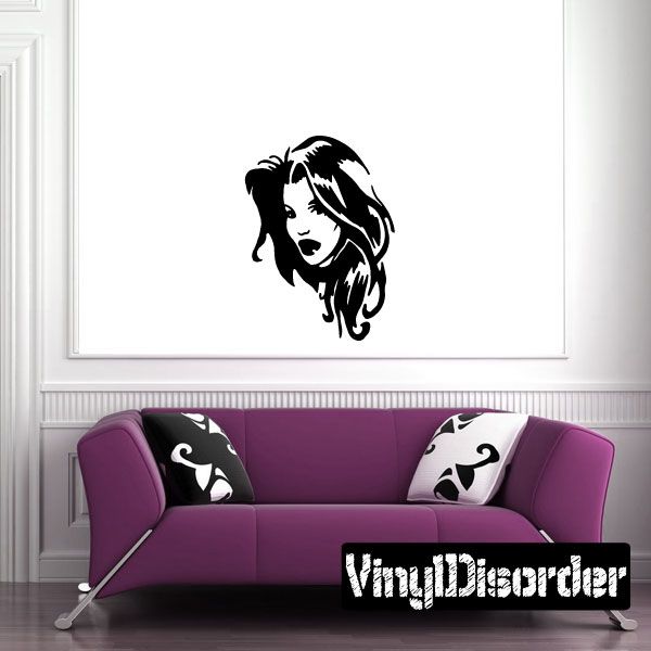 Black flowing-hair woman decal sticker, face in side profile silhouette