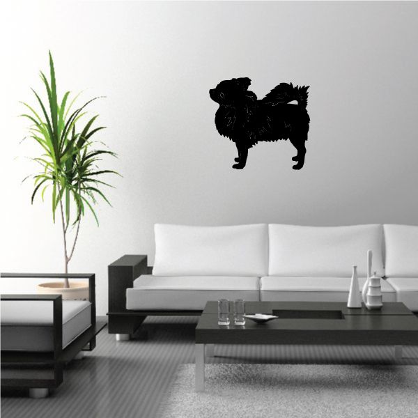 Fluffy Chihuahua decal featuring a black silhouette of a standing dog.