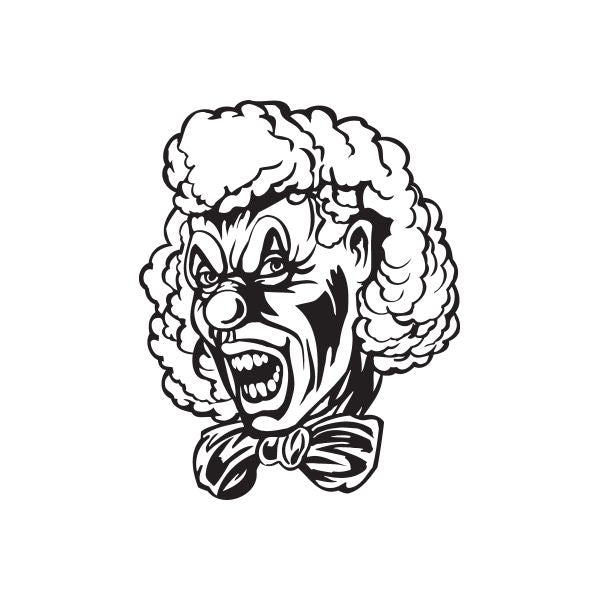 Clown head hair decal with curly white mane, black face, and bowtie, screaming expression
