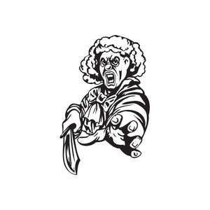 Clown stabbing knife decal with black-and-white cartoon clown and dagger illustration