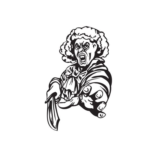 Clown stabbing knife decal with black-and-white cartoon clown and dagger illustration