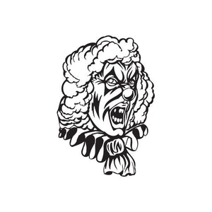 Clown face decal with fluffy hair, frilled collar, black-and-white line art