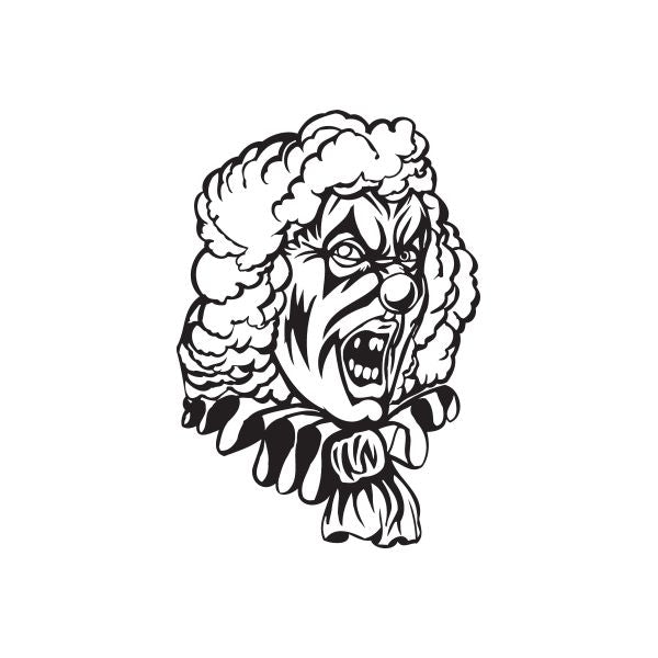 Clown face decal with fluffy hair, frilled collar, black-and-white line art