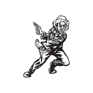 Black-and-white clown decal with curly hair, holding a gun and knife.