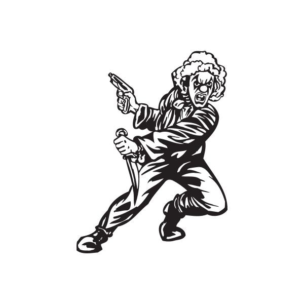 Black-and-white clown decal with curly hair, holding a gun and knife.