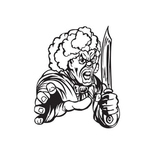 Clown decal with fluffy hair, reaching and holding a knife