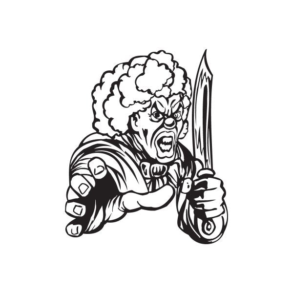 Clown decal with fluffy hair, reaching and holding a knife