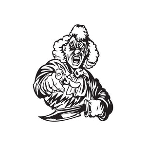 Black-and-white clown hair decal with large knife illustration