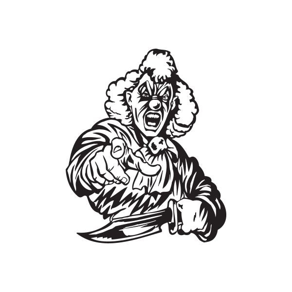 Black-and-white clown hair decal with large knife illustration