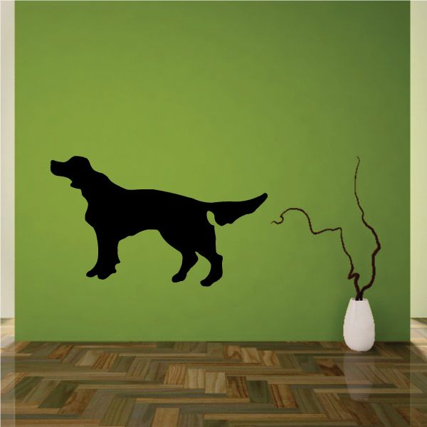 Fluffy hunting dog decal with black dog silhouette and thin leash line curl