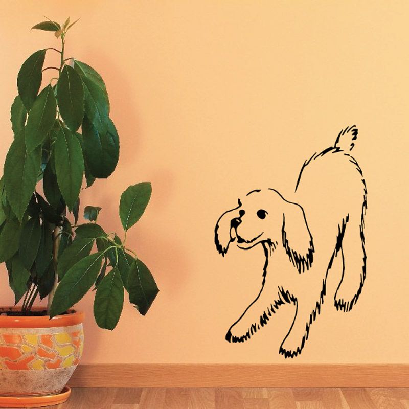 Fluffy puppy wall decal in black line art, smiling dog with wagging tail