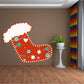 Fluffy stocking sticker with red fabric, white cuff trim, and snowflake accents