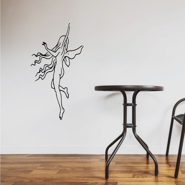 Pixie fairy wall decal with black line-art figure and flowing wings