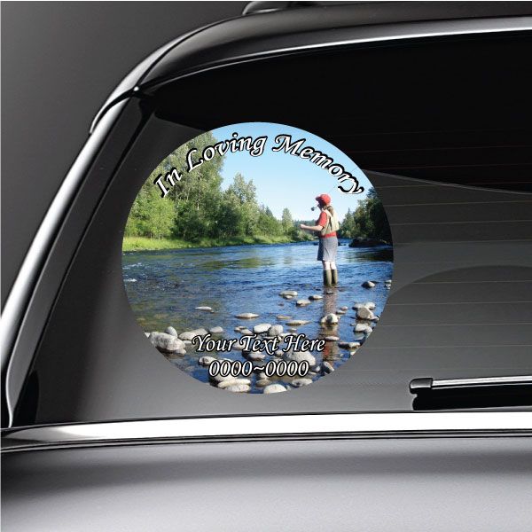 Round memorial circle sticker with fishing scene and 'In Loving Memory' lettering