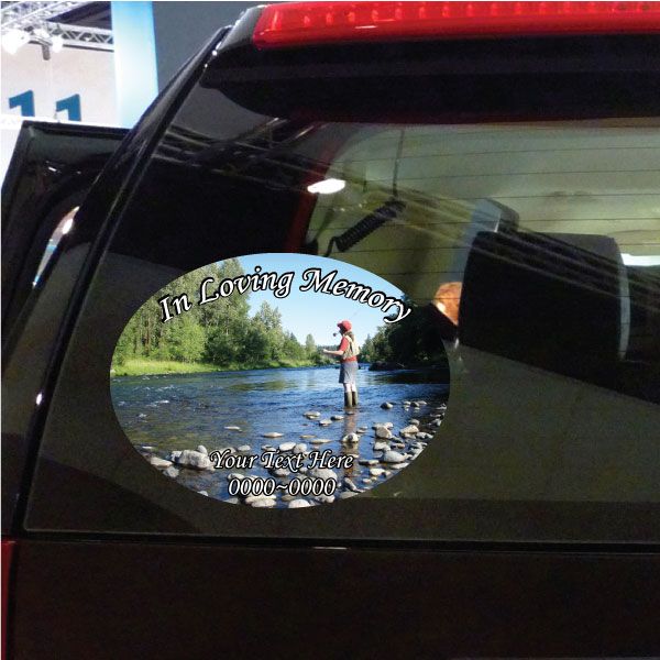 Oval fly fishing memorial sticker: In Loving Memory, Your Text Here