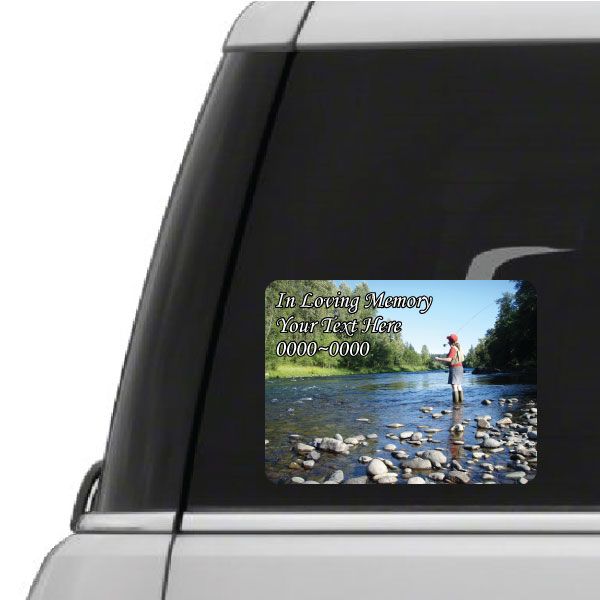 Rounded rectangle fly fishing memorial sticker with lakeside angler and green text