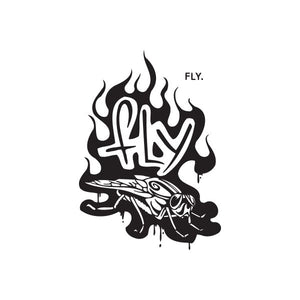 Graffiti fly wall decal with flames and stylized wings, black with white line details.