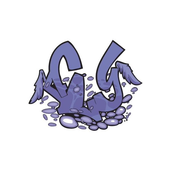 Purple graffiti-style sticker with bold 3D letters and ink splatter
