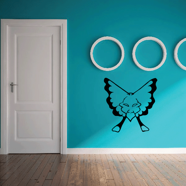 Butterfly masquerade mask wall decal with blue wings and nose, surrounded by rings