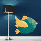 Flying chubby bird sticker, low-poly style, orange and teal