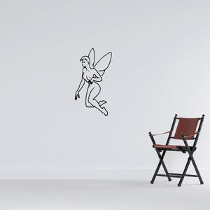 Flying fairy wall decal, thin line art outline of a winged fairy