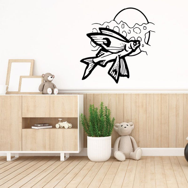 Flying fish and moon wall decal with black line art on a white wall