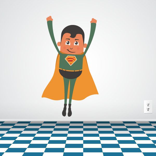 Flying superhero sticker with green suit, orange cape, and red emblem on chest