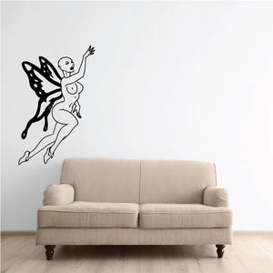 Fairy and butterfly wall decal, black silhouette of a flying fairy with wings