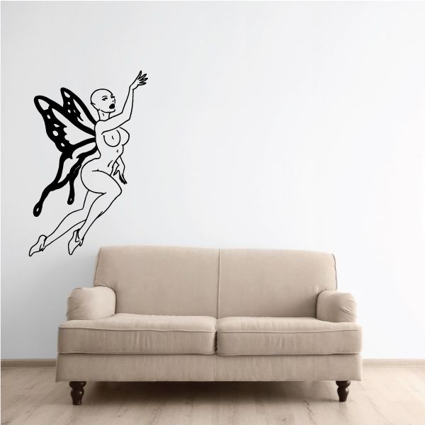 Fairy and butterfly wall decal, black silhouette of a flying fairy with wings