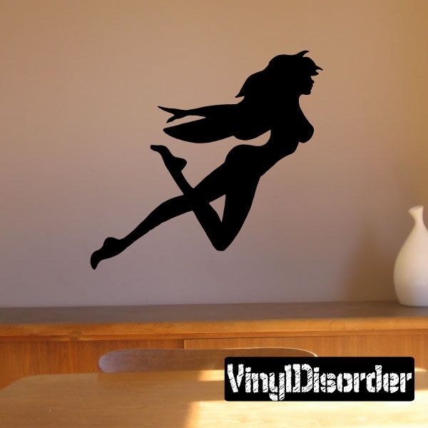 Flying fairy silhouette wall decal, black winged figure in midair pose
