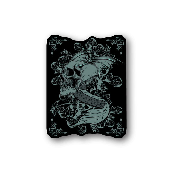 Flying snake skull vinyl sticker, dark outline with teal skull and serpent design
