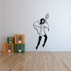 Devil girl wall decal with wings, holding a pitchfork, black and white silhouette