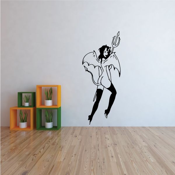 Devil girl wall decal with wings, holding a pitchfork, black and white silhouette