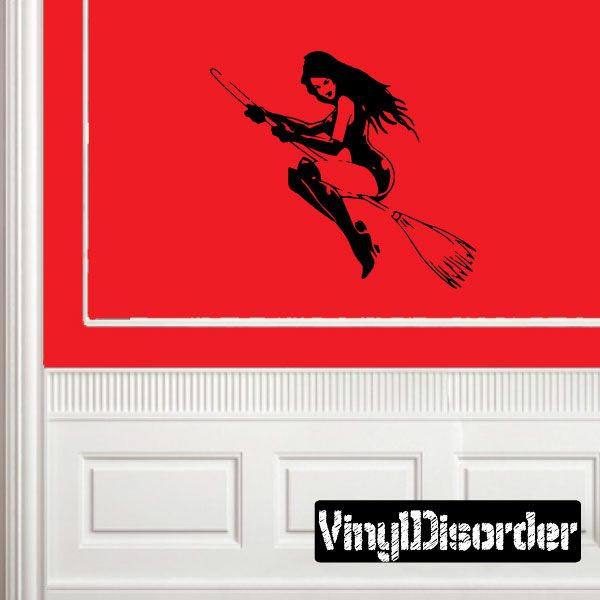 Black flying witch without hat decal, broom-holding silhouette in dynamic pose