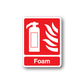 Red foam sticker with white foam icon and flame stripes, square shape
