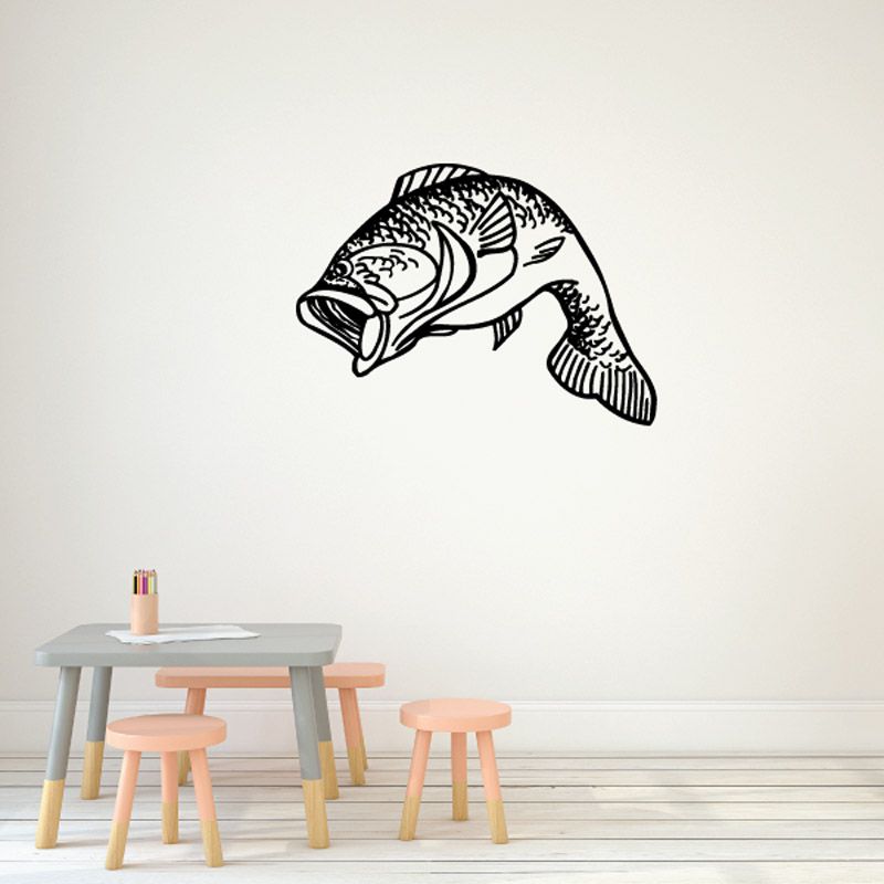 Bass fish decal with bold black-and-white line art design