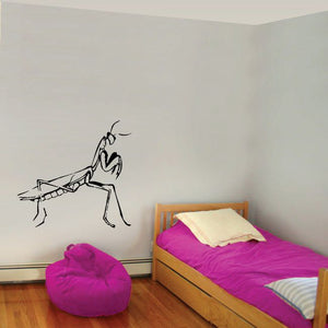 Praying mantis wall decal, focused praying pose in black line art