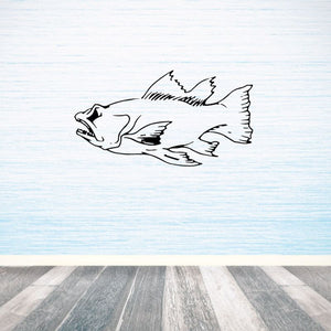 Small mouth bass decal, black line-art fish design with open mouth and fins