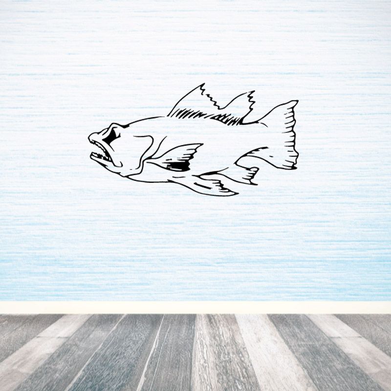 Small mouth bass decal, black line-art fish design with open mouth and fins