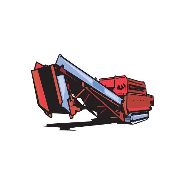 Industrial conveyor belt sticker with folded red, black, and gray equipment design