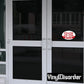 Vinyl sticker with red Pinterest 'Follow us' badge on window