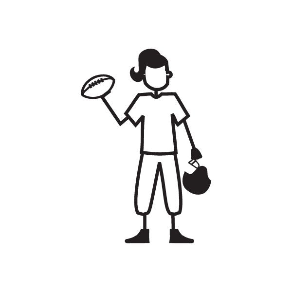 Football girl decal: cartoon girl holding a football in a jersey and pants.