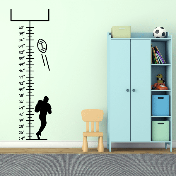 Football goal post growth chart wall decal with ruler marks, football, and player silhouette