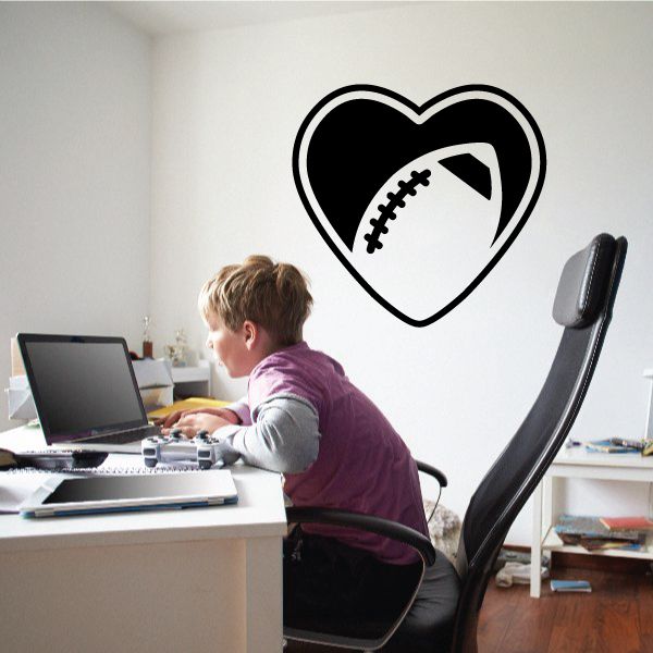 Football heart wall decal: black heart outline with football graphic in the center