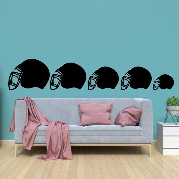 Football helmet family kit decals, black helmet icons in a row