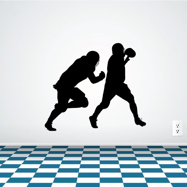 Football player wall decal, black silhouettes of two running players