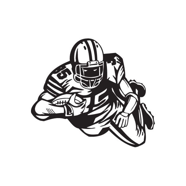 Football player vinyl wall decal, black-and-white helmeted runner with ball