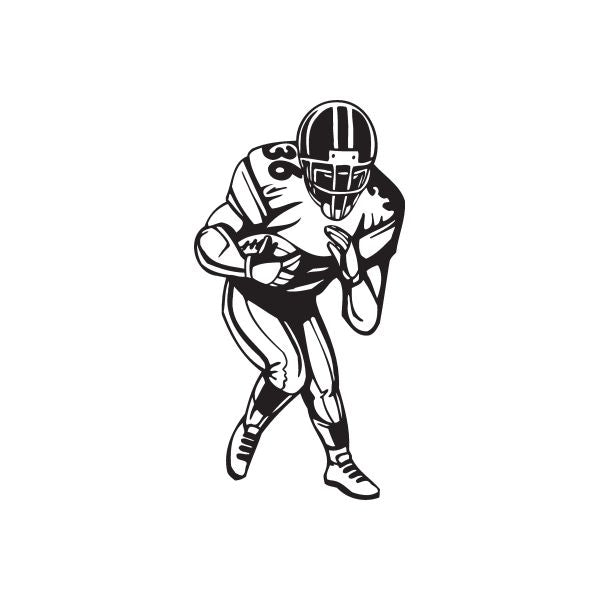 Football player vinyl wall decal in bold black outline, running with ball