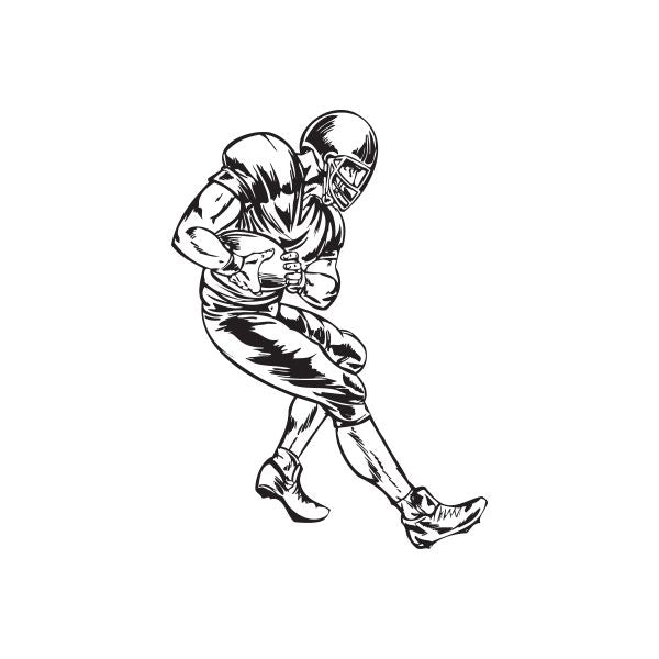 Football player wall decal, black-and-white running with helmet and football
