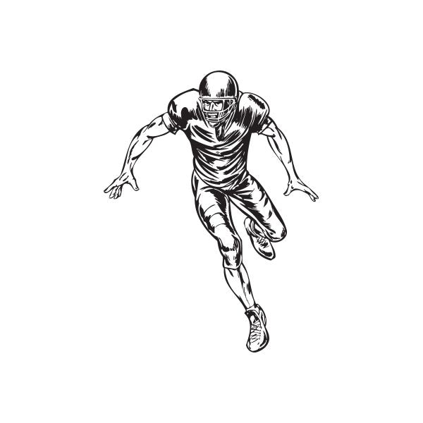 Football player vinyl wall decal, black line art of running player with helmet